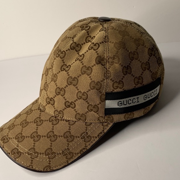 Gucci GG Tan/Brown Classic Monogram Baseball Cap with Black/White Stripe Size M - Picture 1 of 16
